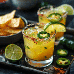 Jalapeño spicy margarita served with lime wedges and chili salt, perfect for taco night or summer parties