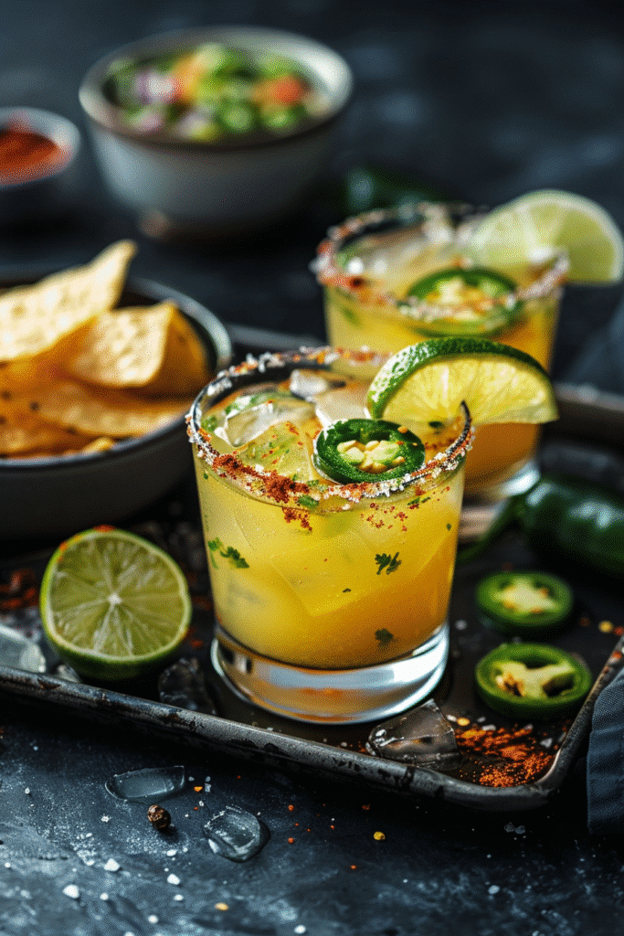 Jalapeño spicy margarita served with lime wedges and chili salt, perfect for taco night or summer parties