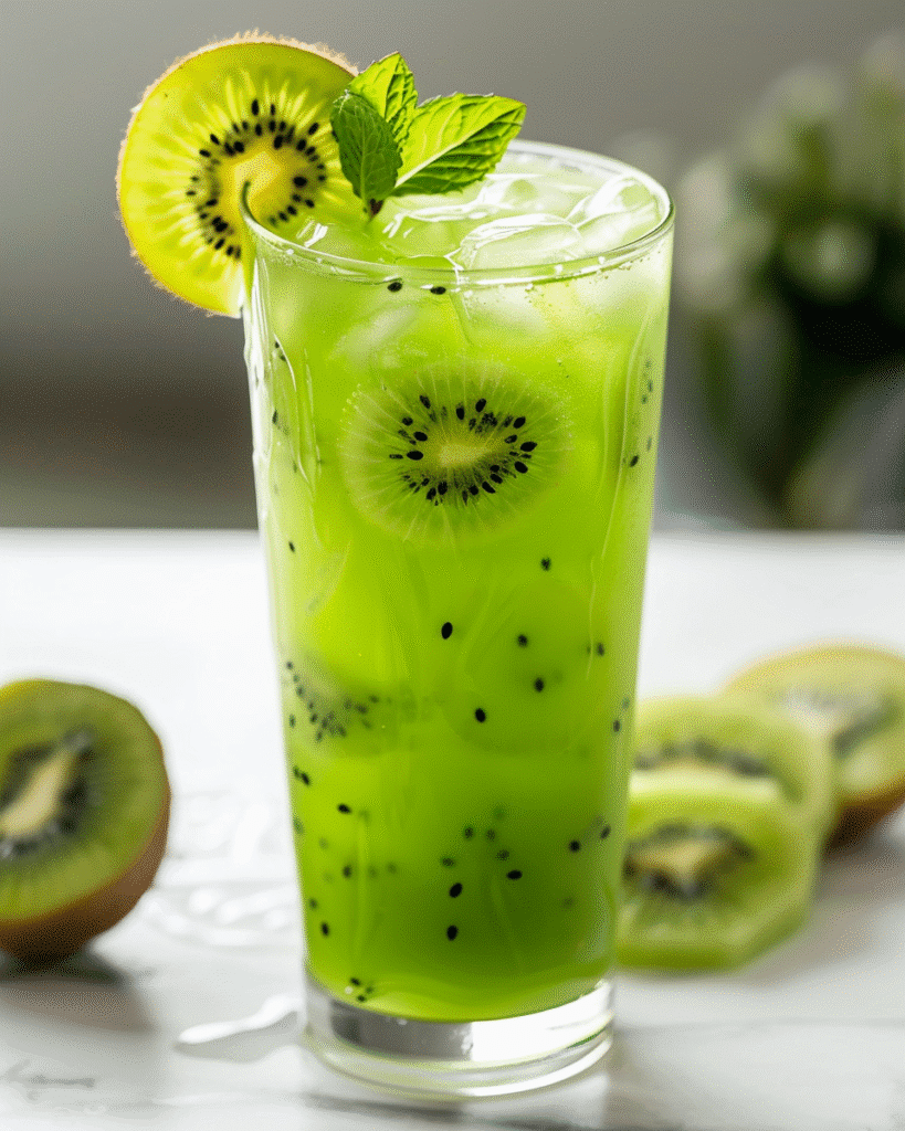 fresh kiwi juice in a glass with ice, kiwi slices, and mint garnish