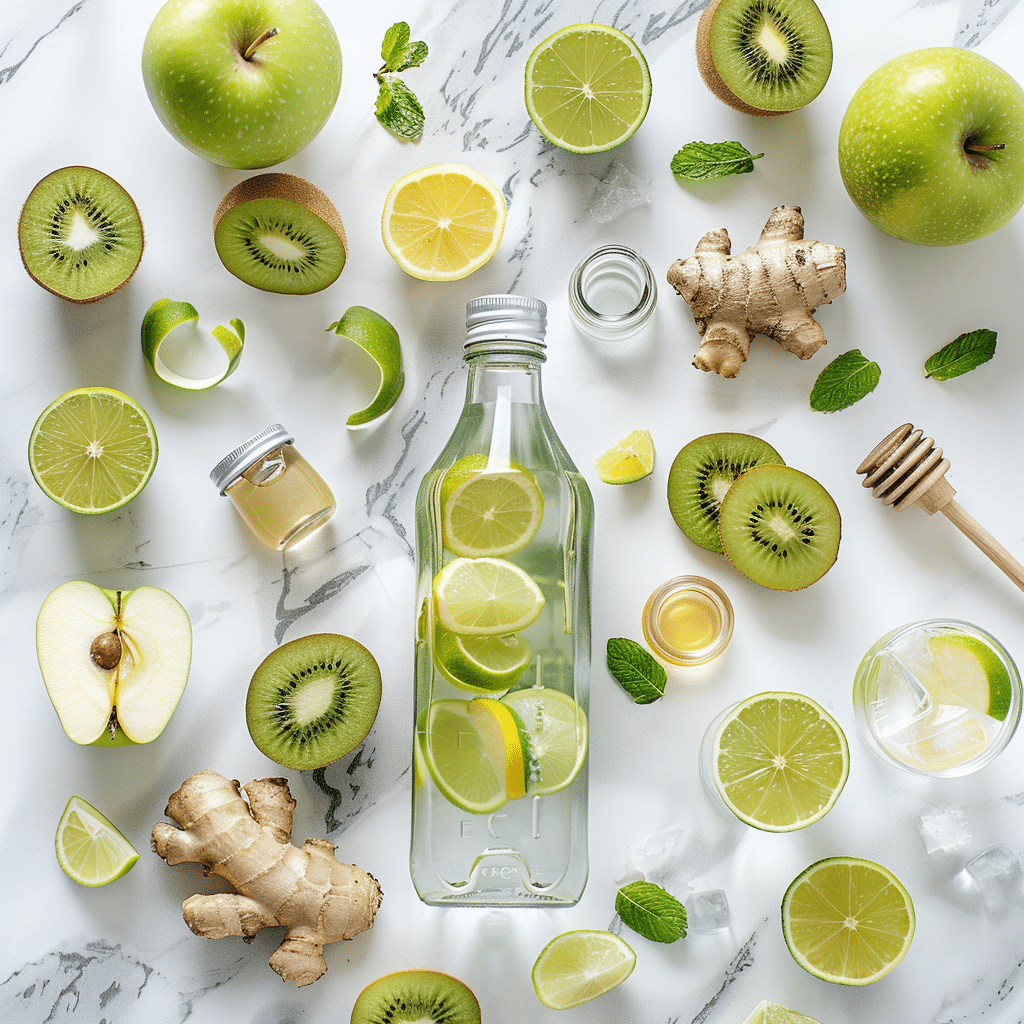 The Top 5 Health Benefits of Kiwi Juice 7 ingredients for homemade kiwi juice including kiwis, lemon, lime, apple, ginger, honey, mint, and sparkling water