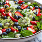 Best Kiwi Salad Recipe: 5 Refreshing Ways to Enjoy this Tropical Delight 6 Kiwi salad with spinach, arugula, berries, feta, pistachios, and mint in a bowl