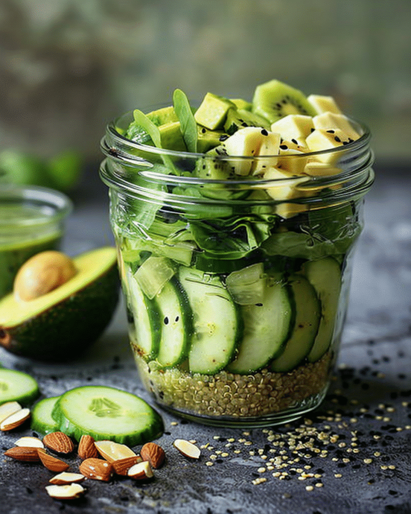 Best Kiwi Salad Recipe: 5 Refreshing Ways to Enjoy this Tropical Delight 9 Meal prep kiwi salad bowl with quinoa, greens, kiwi slices, cucumber, avocado, and almonds