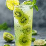 The Top 5 Health Benefits of Kiwi Juice 6 kiwi spritzer made with kiwi juice and sparkling water with lime and mint over ice