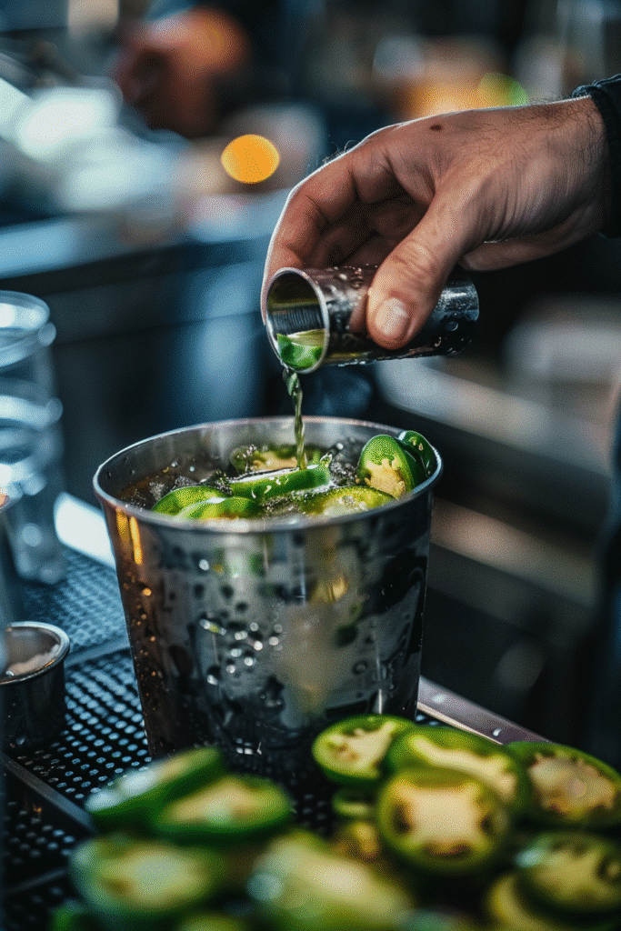Muddling fresh jalapeño slices in a cocktail shaker to build heat for a spicy margarita