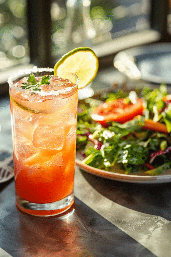 Best Paloma Cocktail Recipe: How to Make a Refreshing Grapefruit Drink 9 Bubbly paloma mocktail served beside a fresh salad for a light, refreshing pairing.