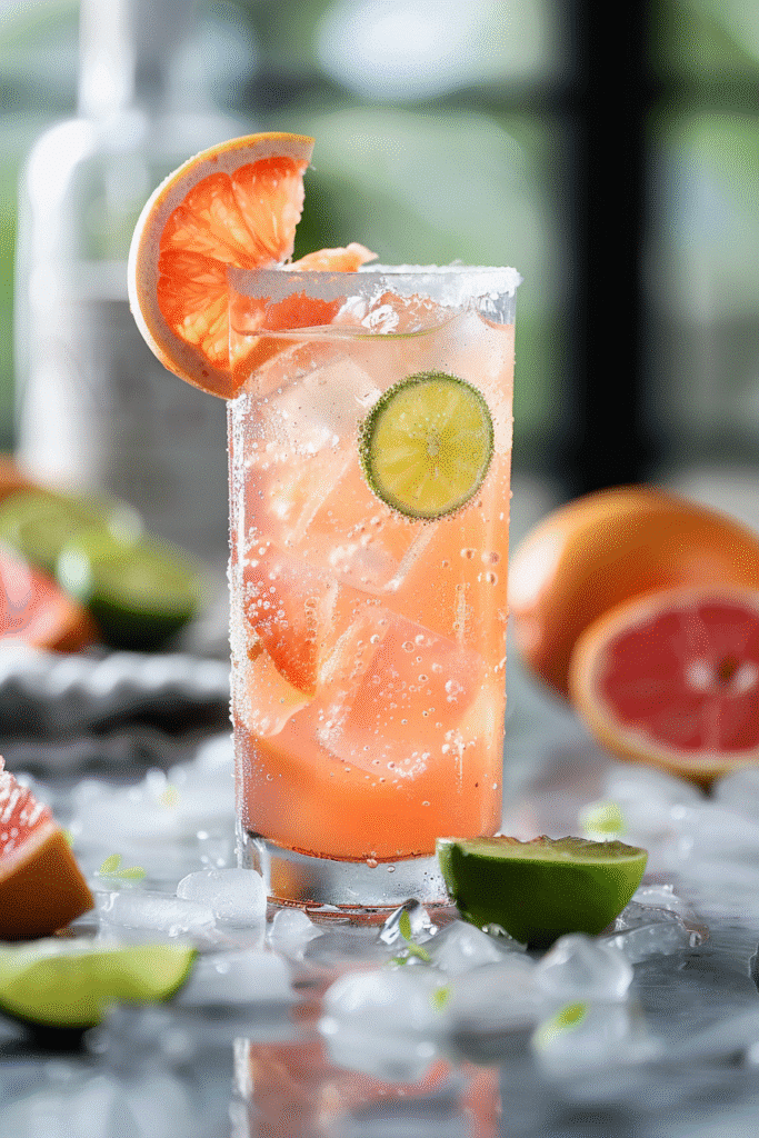 Paloma Cocktail in a highball glass with salted rim, grapefruit and lime, sparkling bubbles, and ice.