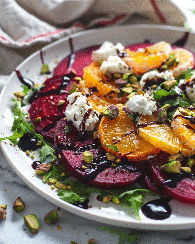 Best Beet Salad Recipe: How to Make a Delicious and Healthy Meal with Just 5 Ingredients 9 Beautifully plated beet salad with goat cheese and citrus served on white plate