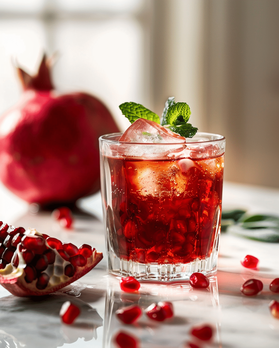 glass of 100% pomegranate juice with ice, pomegranate seeds, and fresh mint