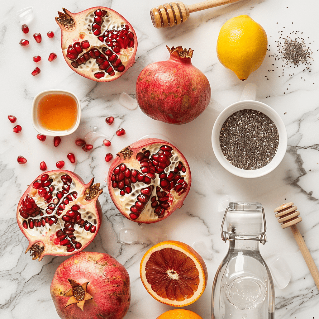 ingredients for pomegranate juice recipes including pomegranates, arils, lemon, orange, ginger, honey, and sparkling water