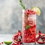 pomegranate spritzer made with pomegranate juice and sparkling water with lime and mint
