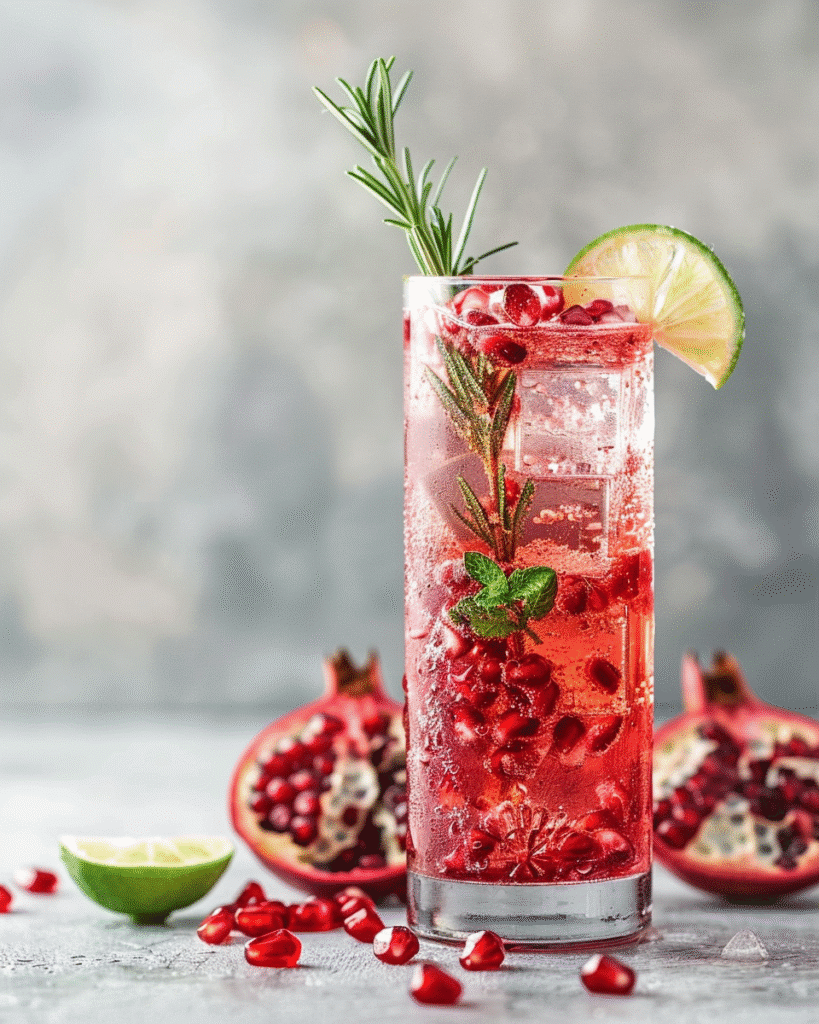 pomegranate spritzer made with pomegranate juice and sparkling water with lime and mint