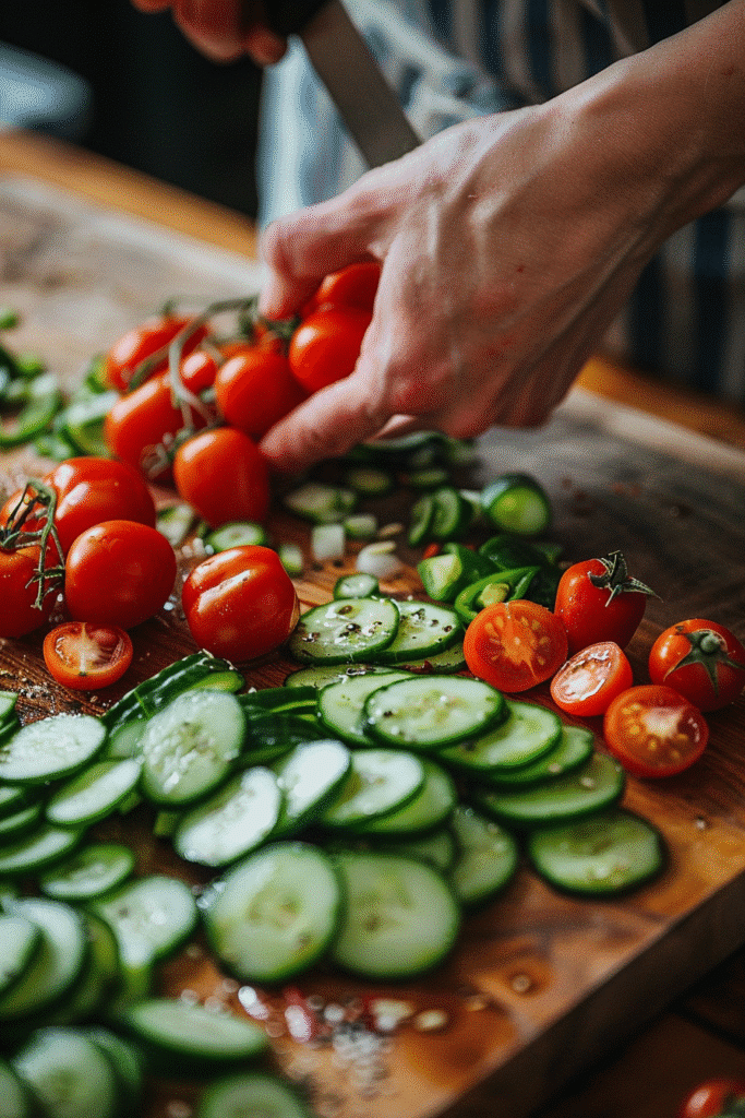 High Protein Greek Salad: The Best Recipe for a Healthy Meal 8 Chopping cucumbers, tomatoes, and red onion for a high protein Greek salad
