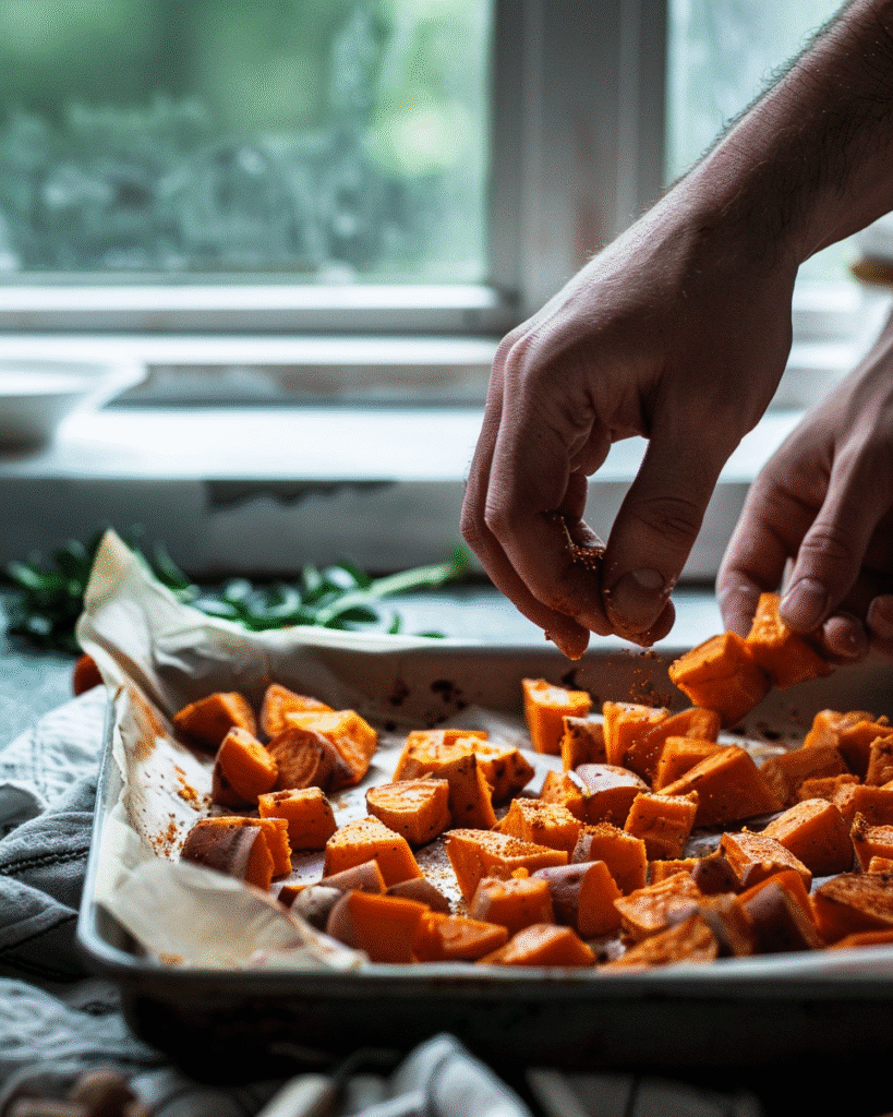 Best Sweet Potato Bowl Recipe: 5 Easy Ways to Make a Delicious Meal 8 tossing sweet potato cubes with olive oil and spices on a baking sheet before roasting
