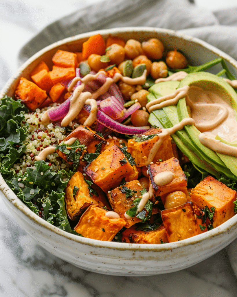sweet potato bowl with quinoa, roasted sweet potatoes, chickpeas, kale, avocado, and tahini dressing
