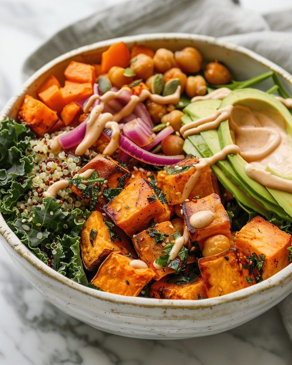 Best Sweet Potato Bowl Recipe: 5 Easy Ways to Make a Delicious Meal 5 sweet potato bowl with quinoa, roasted sweet potatoes, chickpeas, kale, avocado, and tahini dressing