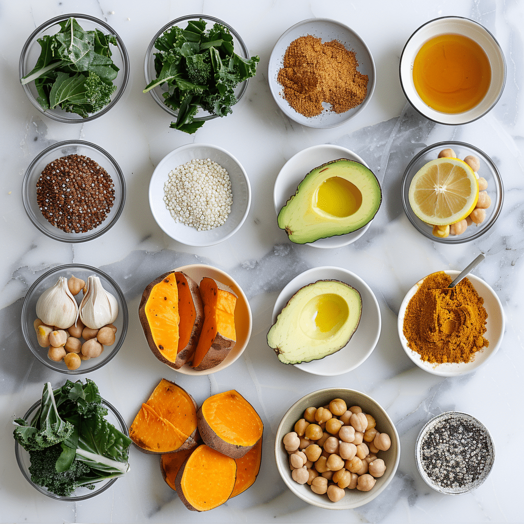 Best Sweet Potato Bowl Recipe: 5 Easy Ways to Make a Delicious Meal 7 ingredients for sweet potato bowl including sweet potatoes, quinoa, chickpeas, kale, avocado, lemon, tahini, and spices