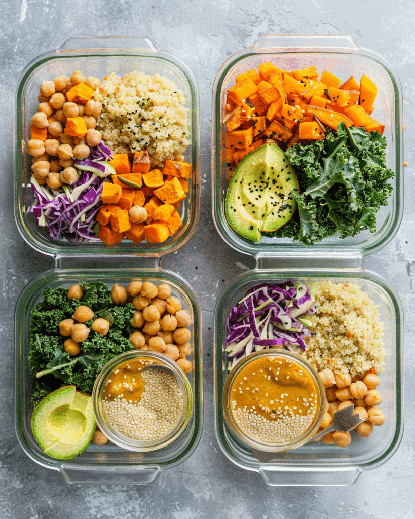 Best Sweet Potato Bowl Recipe: 5 Easy Ways to Make a Delicious Meal 9 sweet potato bowl meal prep containers with quinoa, roasted sweet potatoes, chickpeas, kale, and dressing on the side