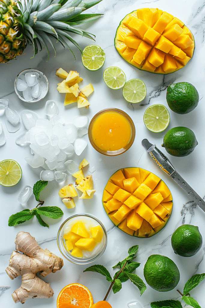 Best Tropical Mocktail Recipe: Refreshing Pineapple & Coconut Delight 7 Ingredients for tropical mocktail recipes including pineapple juice, mango puree, limes, coconut water, mint, ginger, and sparkling water.