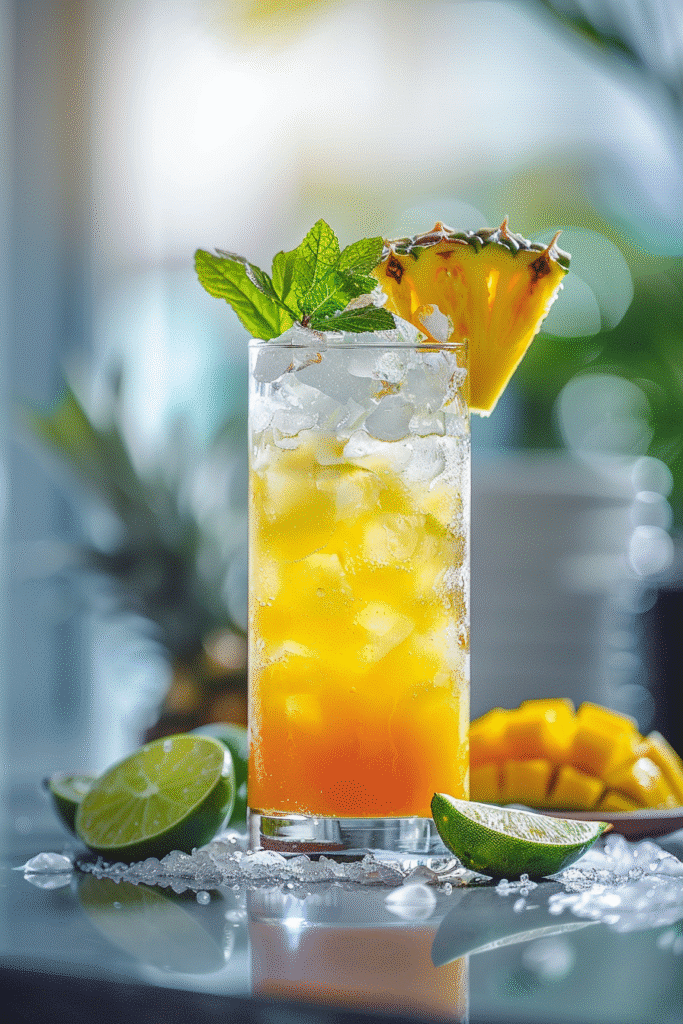 Tropical mocktail in a tall glass with crushed ice, pineapple and mango flavors, lime and mint garnish, sparkling and alcohol-free.