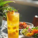 Best Tropical Mocktail Recipe: Refreshing Pineapple & Coconut Delight 6 Sparkling tropical mocktail served beside a salad plate for a refreshing alcohol-free pairing.