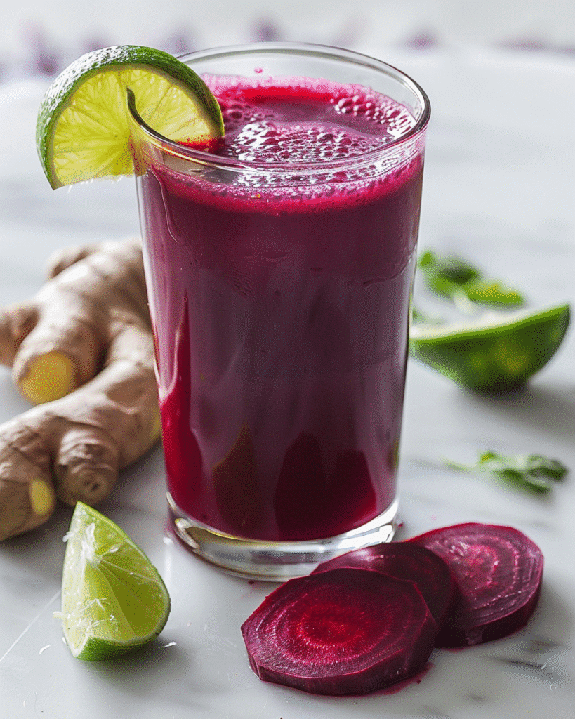 beet lime ginger cleanse juice in a glass with beet slices, lime wedges, and fresh ginger