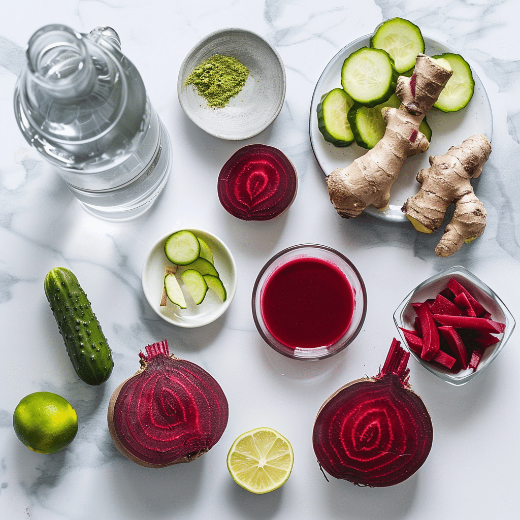 ingredients for beet lime ginger cleanse juice including beets, limes, ginger, water, and optional apple