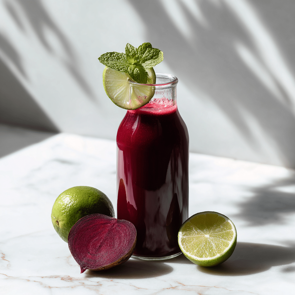 beet lime ginger cleanse juice served over ice with lime garnish and mint