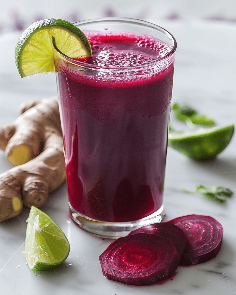 beet lime ginger cleanse juice in a glass with beet slices, lime wedges, and fresh ginger
