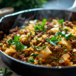 Cabbage and ground beef skillet with tender cabbage, browned beef, and parsley in a cast iron pan