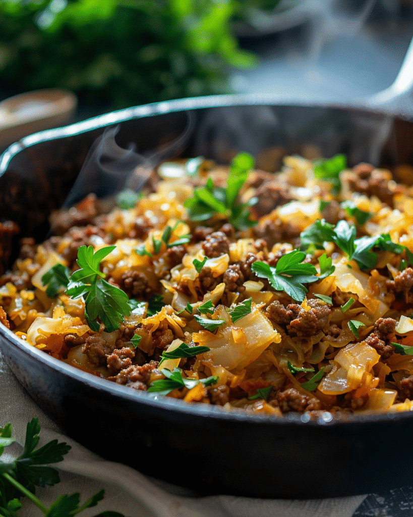 Cabbage and ground beef skillet with tender cabbage, browned beef, and parsley in a cast iron pan