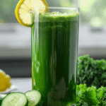 green juice with kale cucumber apple in glass with lemon slice