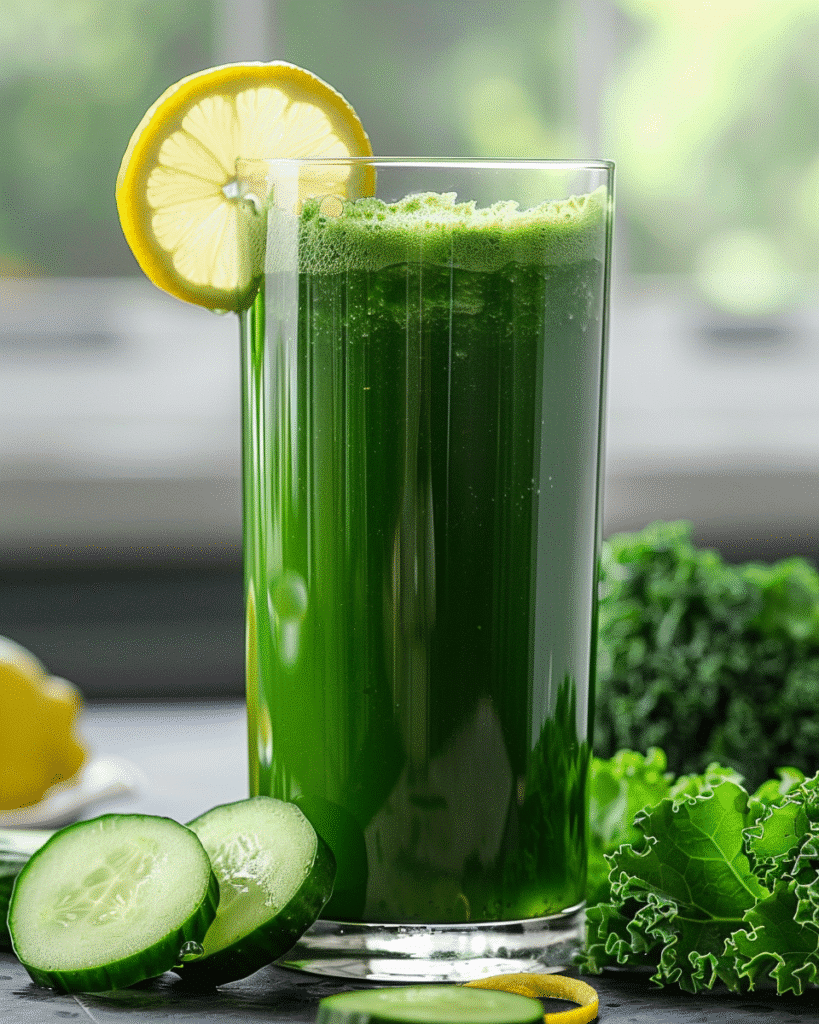 green juice with kale cucumber apple in glass with lemon slice