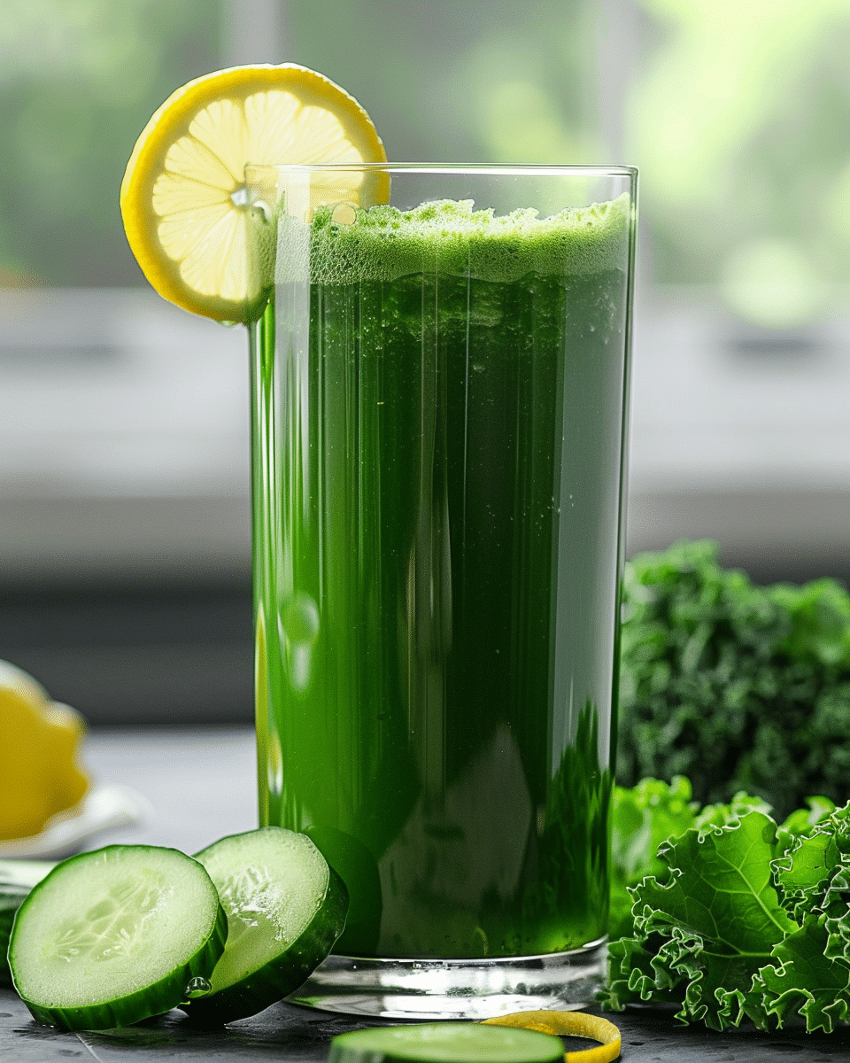 Best Green Juice Recipe: How to Make Kale, Cucumber & Apple Juice 5 green juice with kale cucumber apple in glass with lemon slice
