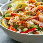 fresh seafood salad with shrimp crab celery and lemon in a white bowl