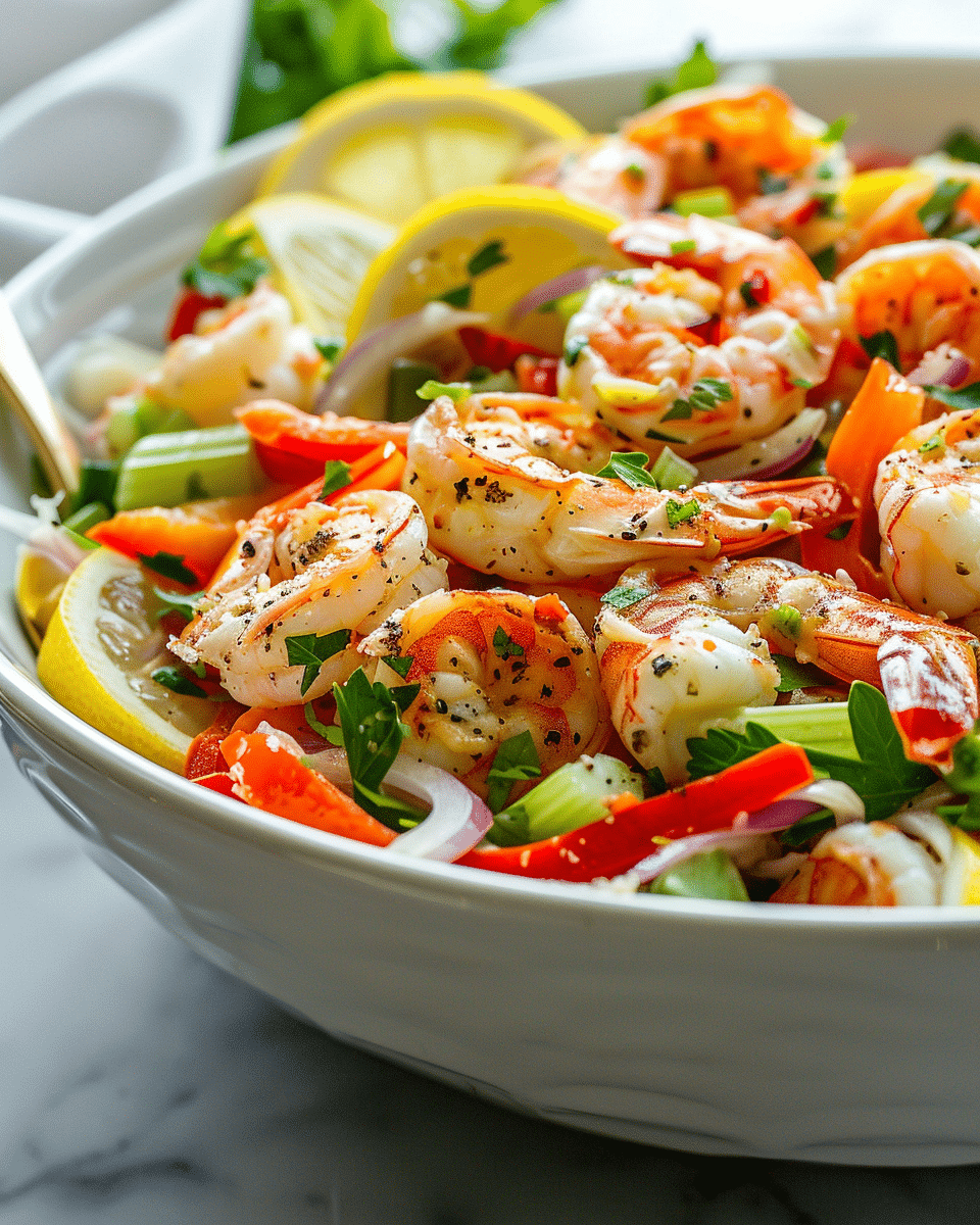 fresh seafood salad with shrimp crab celery and lemon in a white bowl