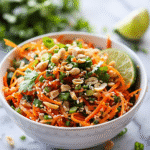 healthy Asian carrot salad with shredded carrots, green onions, cilantro, peanuts, and sesame dressing