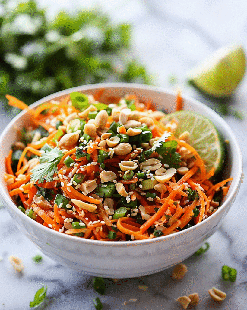 healthy Asian carrot salad with shredded carrots, green onions, cilantro, peanuts, and sesame dressing
