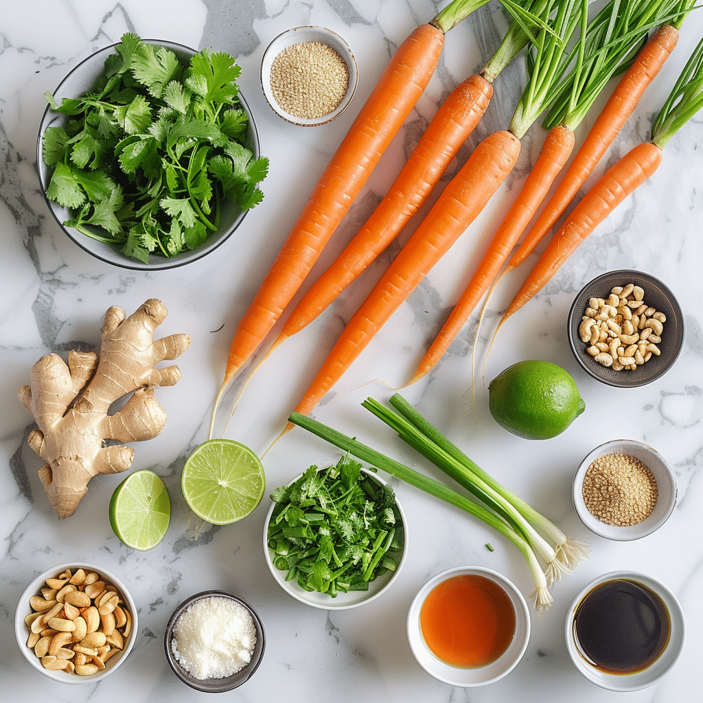 How to Make the Best Healthy Asian Carrot Salad in 20 Minutes 7 ingredients for healthy Asian carrot salad including carrots, ginger, lime, cilantro, sesame oil, and rice vinegar