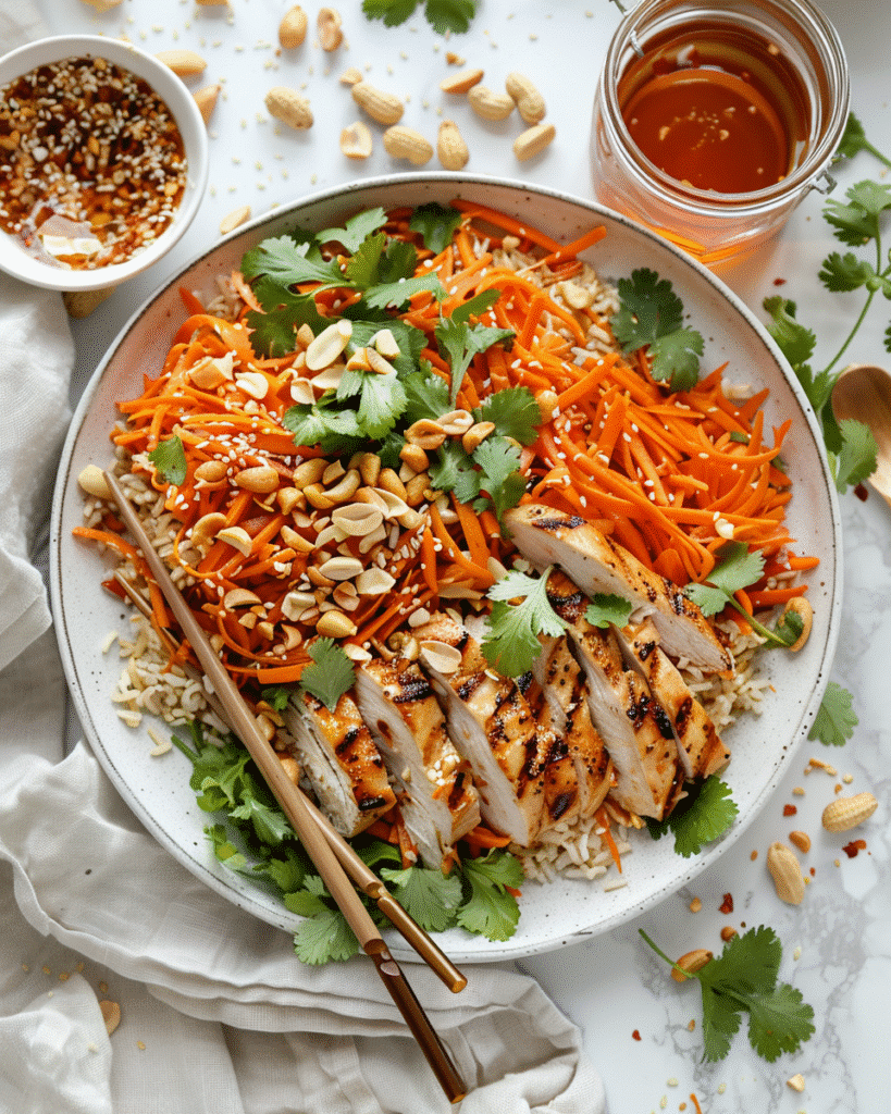How to Make the Best Healthy Asian Carrot Salad in 20 Minutes 9 healthy Asian carrot salad served with grilled chicken and rice on a dinner table
