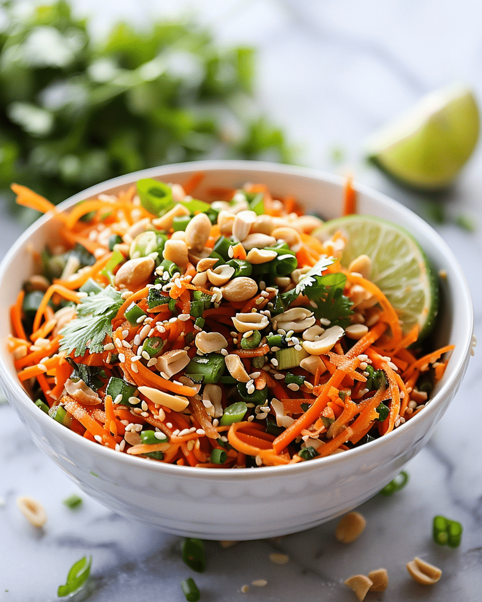 How to Make the Best Healthy Asian Carrot Salad in 20 Minutes 5 healthy Asian carrot salad with shredded carrots, green onions, cilantro, peanuts, and sesame dressing
