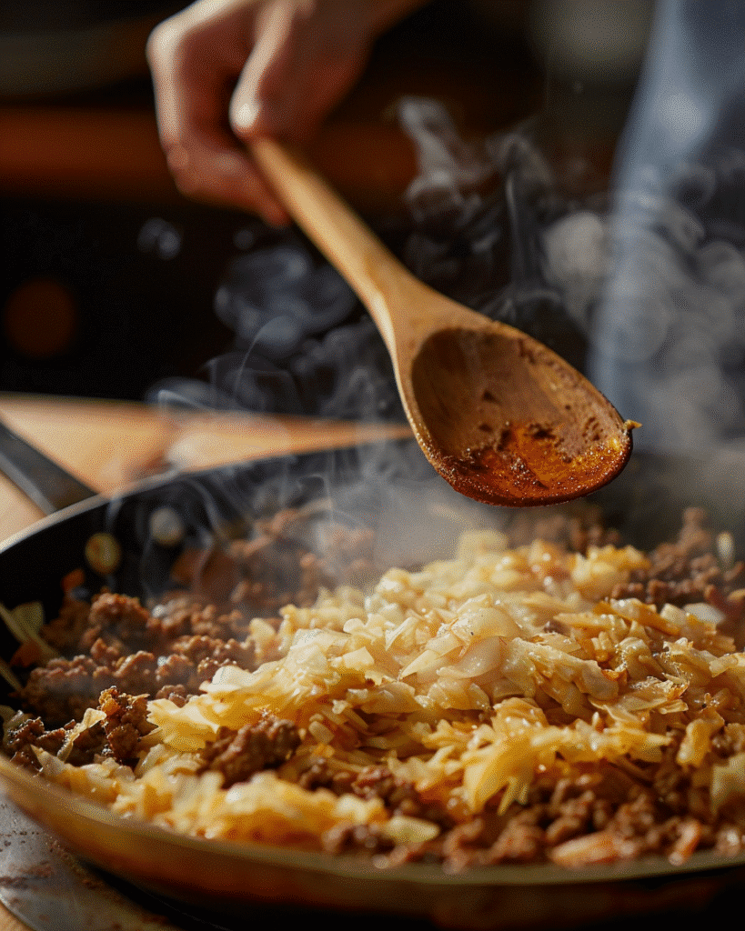Ground beef browning in skillet while shredded cabbage is added for an easy cabbage and ground beef dinner