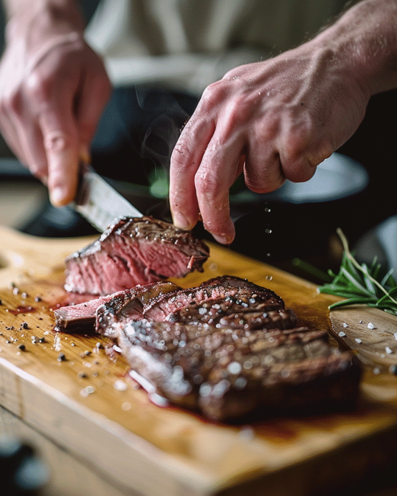 Best Steak Salad Recipe: How to Make a Delicious and Healthy Meal at Home 8 slicing rested medium-rare steak for steak salad on a cutting board