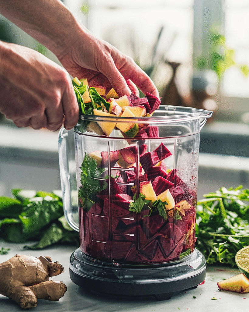 adding chopped beets, lime, and ginger into a blender to make cleanse juice