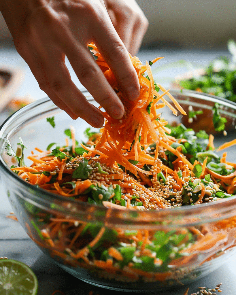 How to Make the Best Healthy Asian Carrot Salad in 20 Minutes 8 tossing shredded carrots with sesame ginger dressing, cilantro, and green onions in a bowl