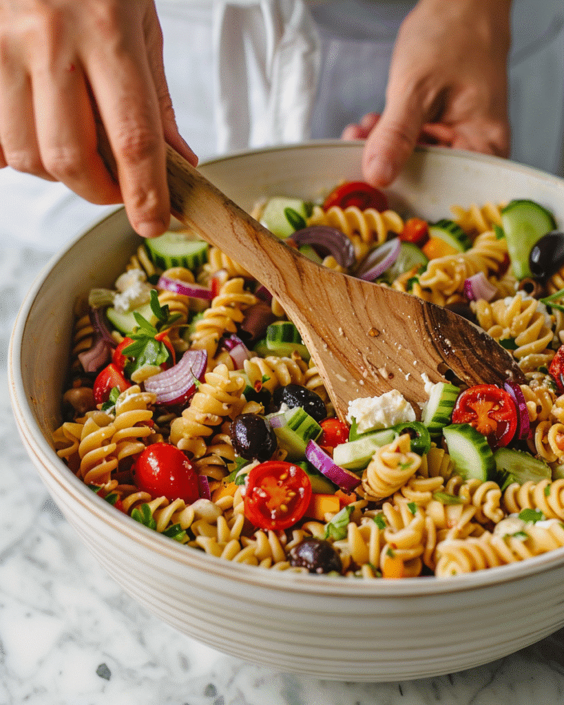 step-by-step preparation of Italian pasta salad with pasta, vegetables, mozzarella, olives, and dressing being mixed in a bowl