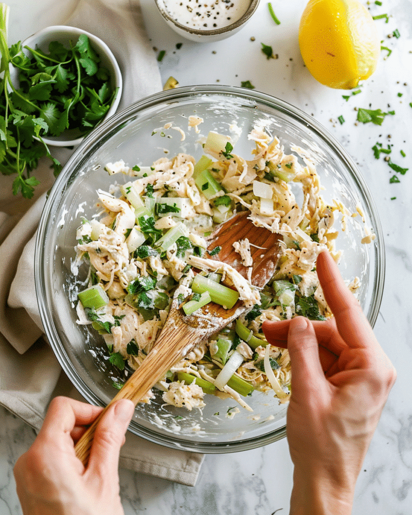 mixing shredded chicken with mayo, celery, herbs, lemon juice, and Dijon in a bowl