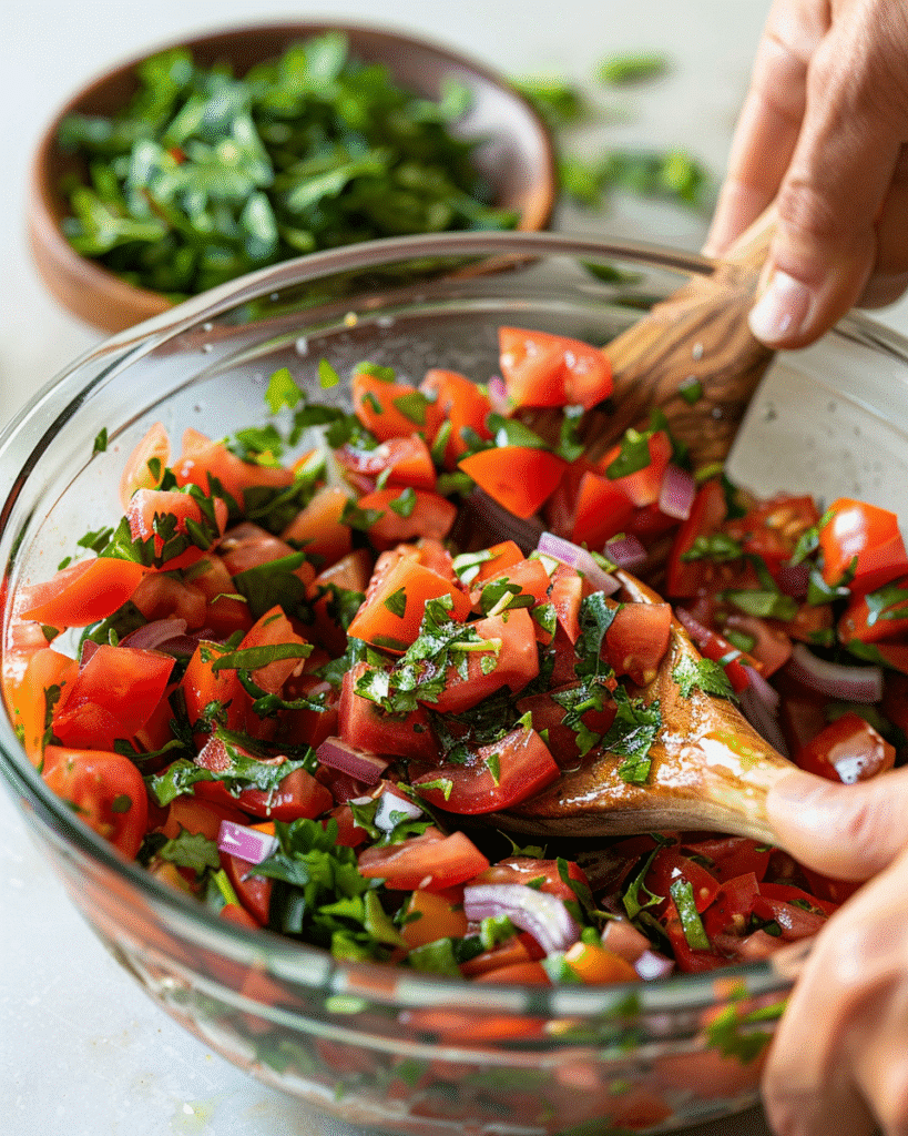 Mixing chopped tomatoes, onion, herbs, olive oil, lemon juice, and cumin in a bowl for Moroccan tomato salad