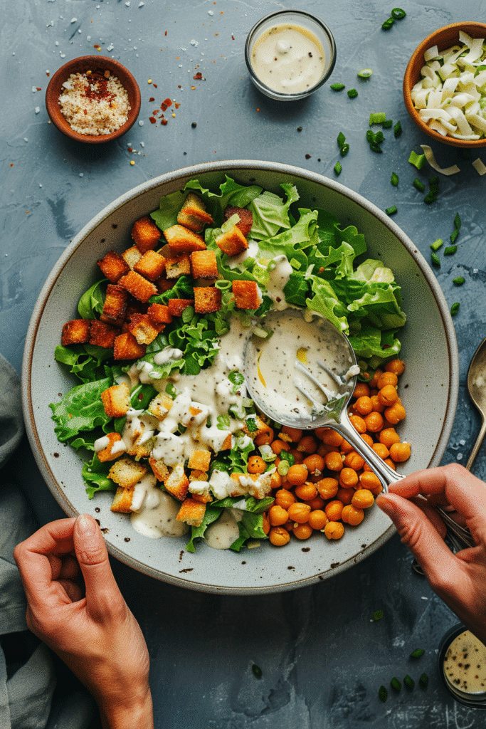 Step-by-step preparation of vegan Caesar salad with creamy dressing being whisked and romaine tossed with croutons and chickpeas.