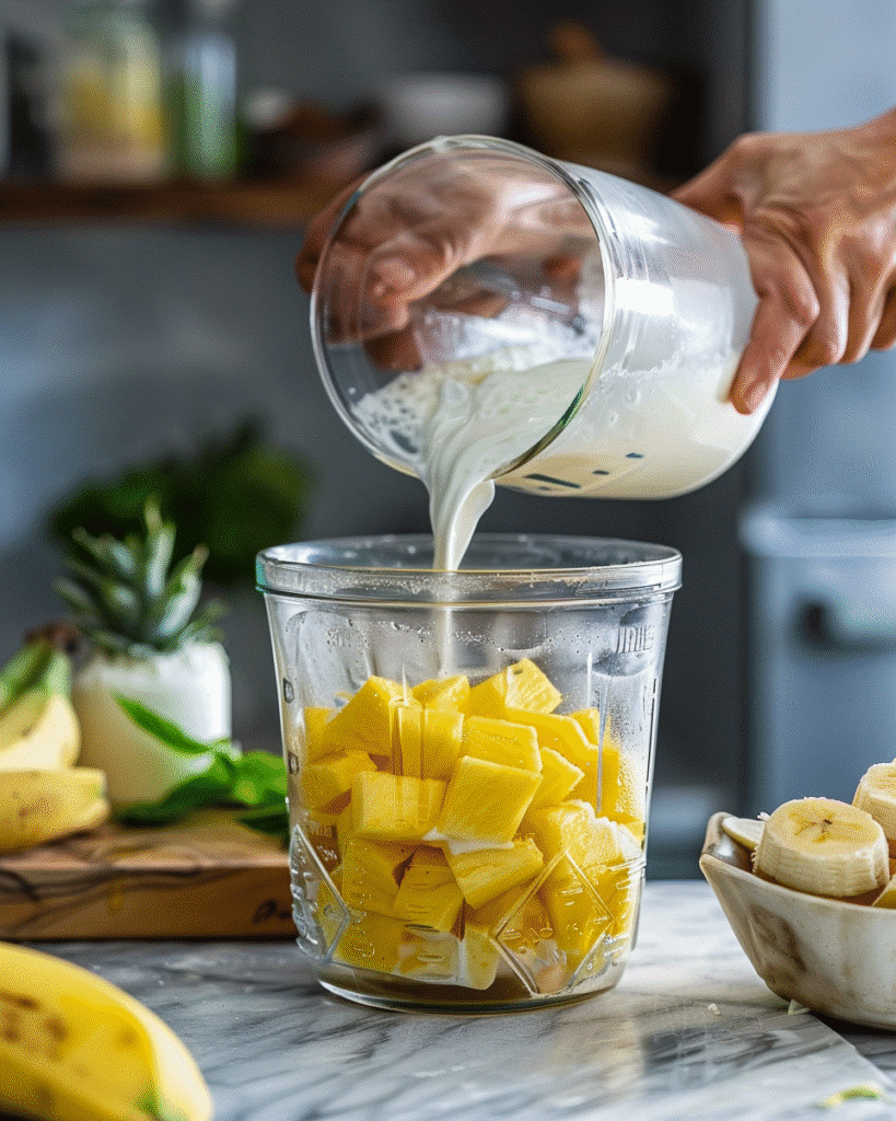Best Mango Pineapple Smoothie Recipe: Refreshing Tropical Delight 8 adding mango, pineapple, banana, yogurt, and milk into a blender for a smoothie