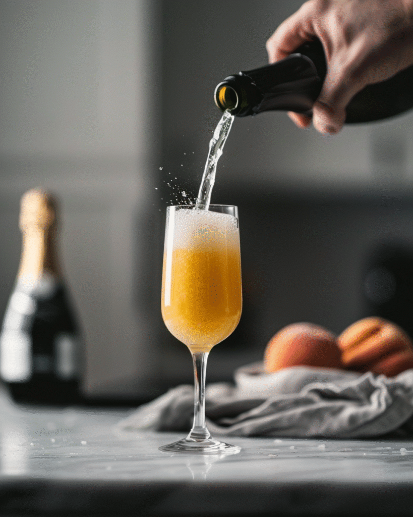 pouring peach purée into a flute and topping with sparkling water for a virgin Bellini cocktail